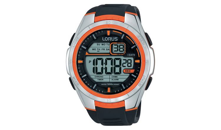 Buy Lorus Men s Black Silicon Strap Orange Detail Watch Argos