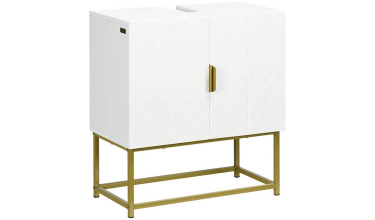 kleankin Space Saving Modern Bathroom Sink Cabinet with Gold Steel Legs - White