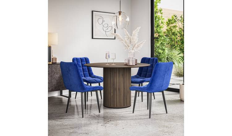 Furniture Online Arlo Nova Walnut Top w Wal Legs Dining Table & 6 Blue Chairs