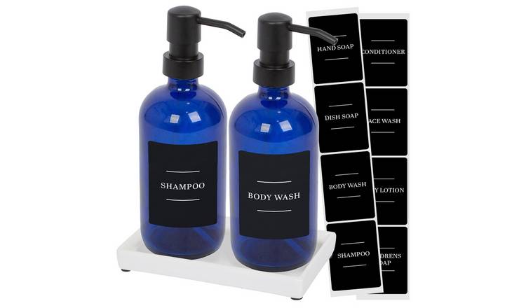 Harbour Housewares 2pc Soap Dispenser Set & Labels  - Blue/Black