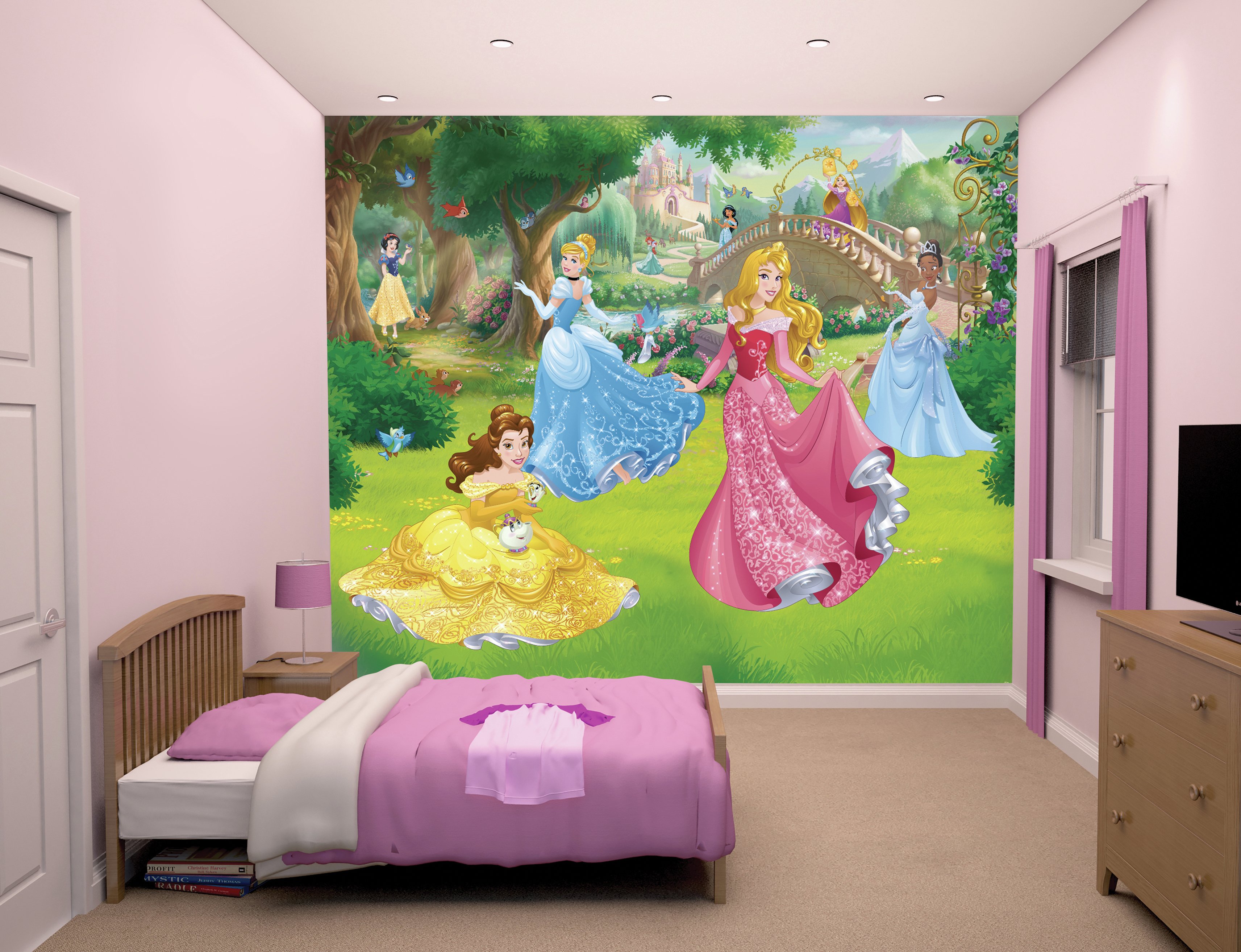 Картинки детских обоев. Фотообои "Disney Princess Park". Комната с принцессами Диснея. Спальня принцесс Дисней. Сказочная детская комната для девочки.