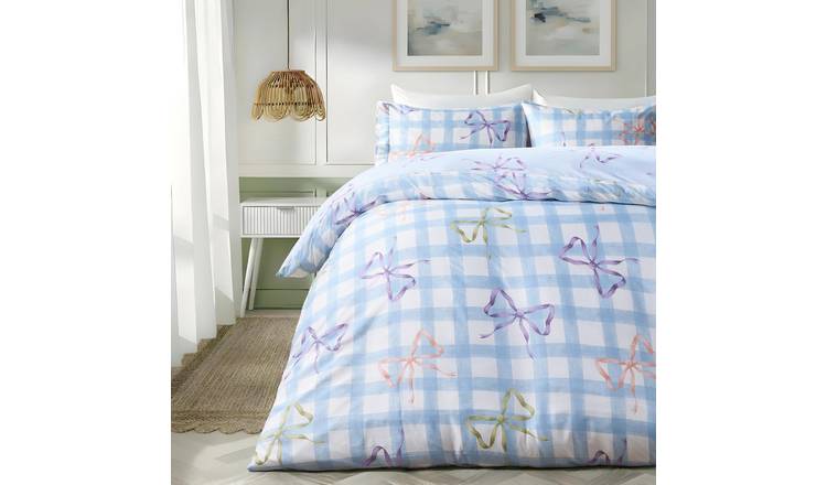 OHS Bow Print Gingham Duvet Cover Set Blue - Double