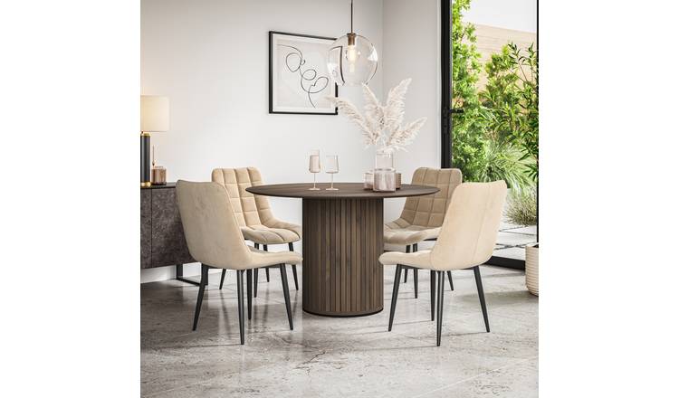 Furniture Online Arlo Nova Walnut Top w Wal Legs Dining Table & 4 Beige Chairs