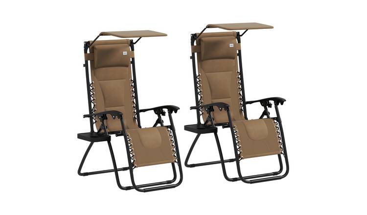Outsunny Set of 2 Foldable Reclining Patio Chair with Shade Cover - Brown