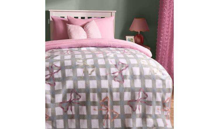 OHS Bow Gingham Polar Fleece Blanket Throw 120 x 150cm - Blue