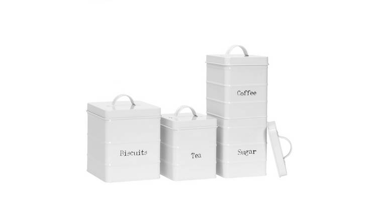 Harbour Housewares 4 Piece Vintage Metal Kitchen Canisters Set - White - 19cm