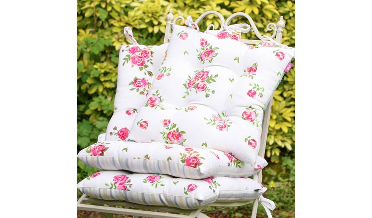 Dibor Set of 4 Floral Outdoor Garden Chair Cushion Seat Pads - Pink