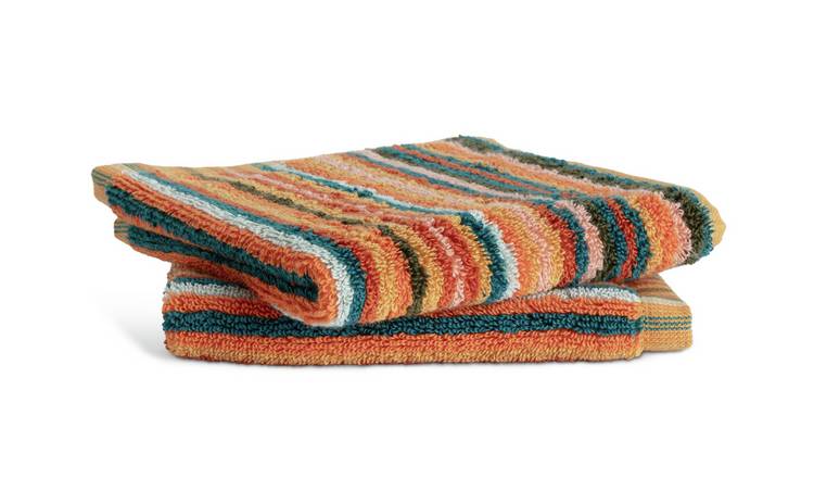 Habitat Bright Stripe 2 Pack Face Cloth - Orange