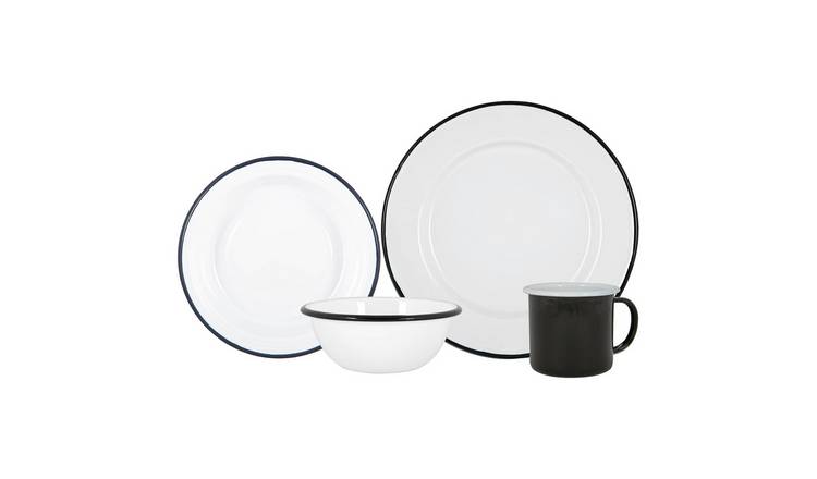 Argon Tableware 16 Piece White Enamel Dinner Set - Black