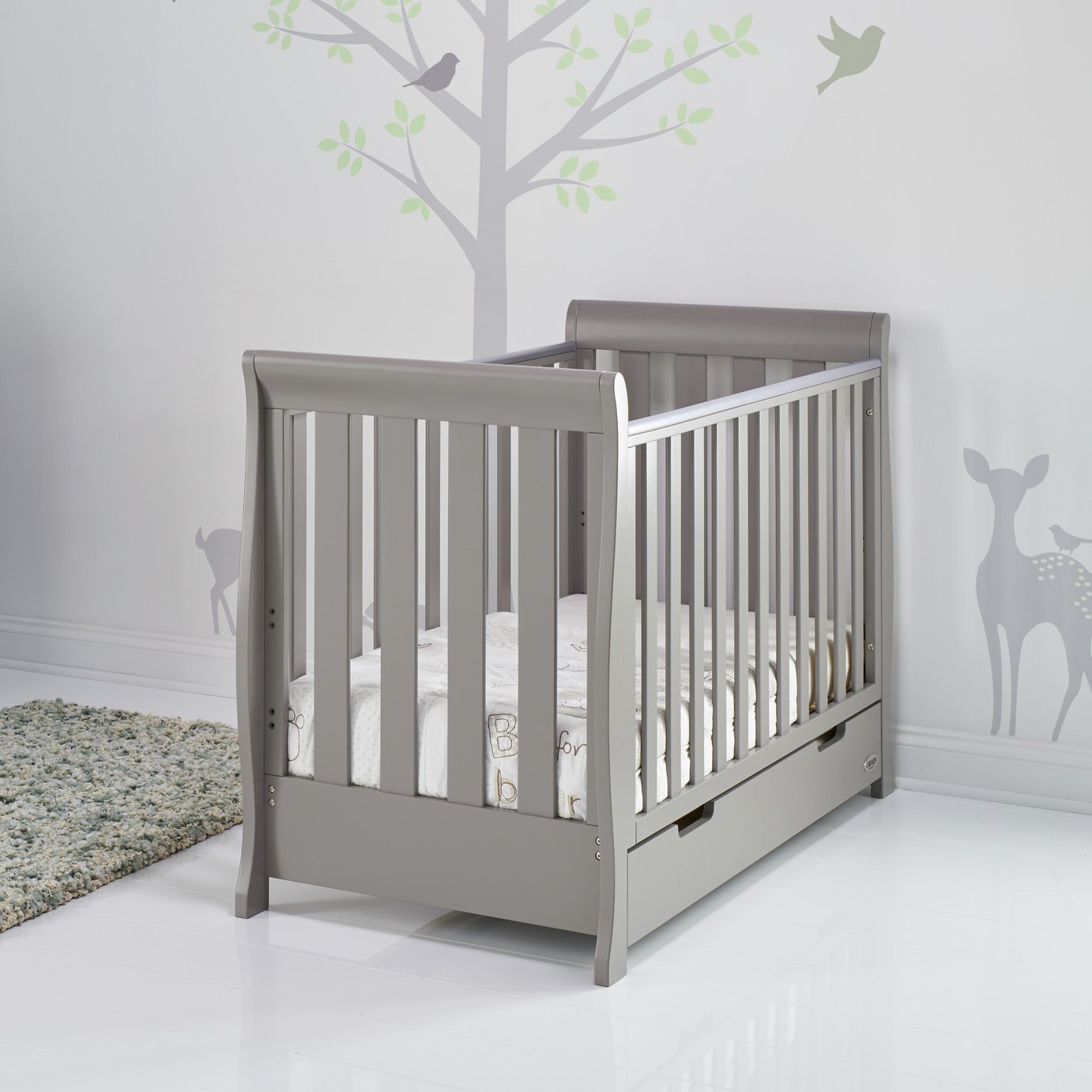 Obaby Stamford Mini Sleigh Cot Bed and Drawer - Taupe Grey