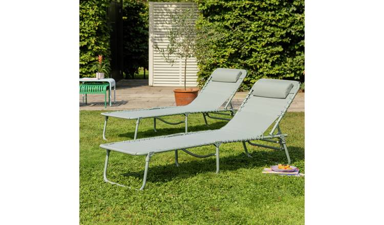 Argos Home Set of 2 Folding Metal Sun Loungers -  Green