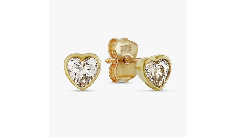 Revere 9ct Yellow Gold Cubic Zirconia Heart Stud Earrings 