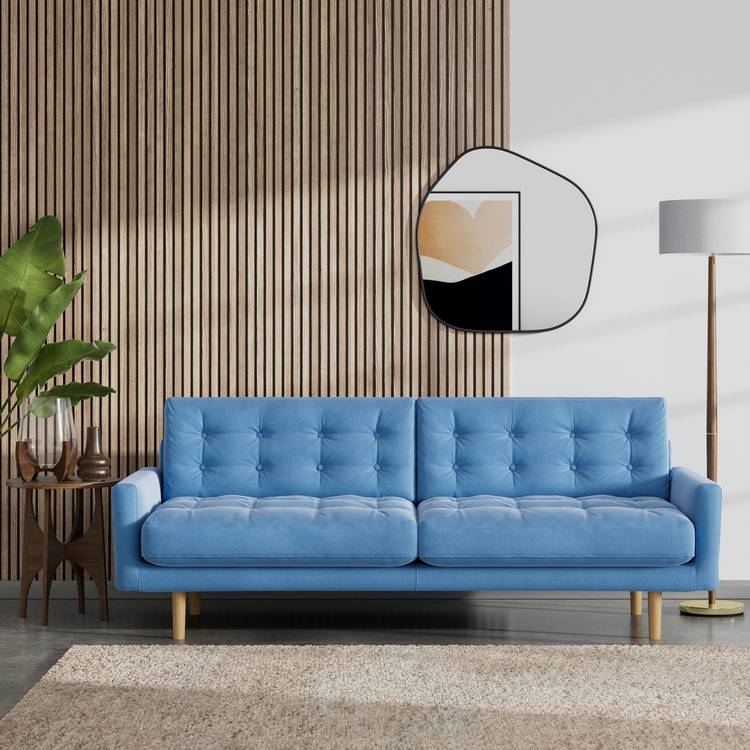 Habitat Fenner Velvet 3 Seater Sofa - Sky Blue- Ash Leg 0