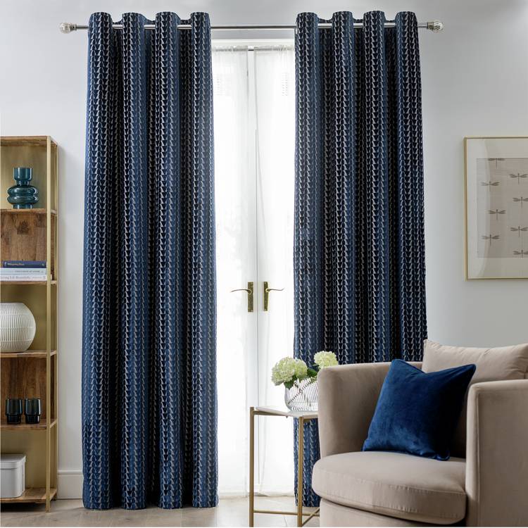 Habitat Velvet Geo Jacquard Lined Eyelet Curtains - Navy 0