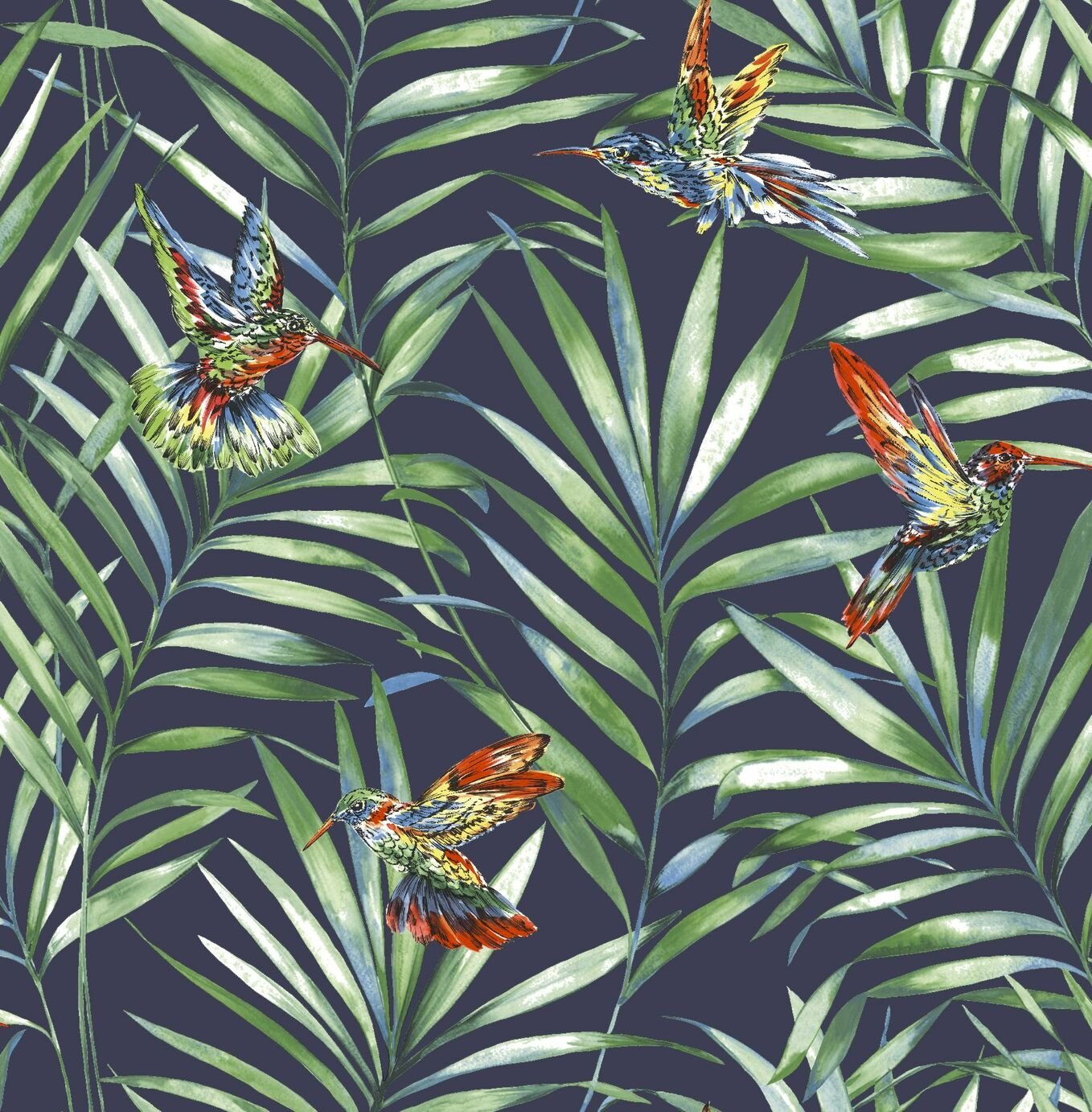 Fresco Hummingbird Navy Wallpaper