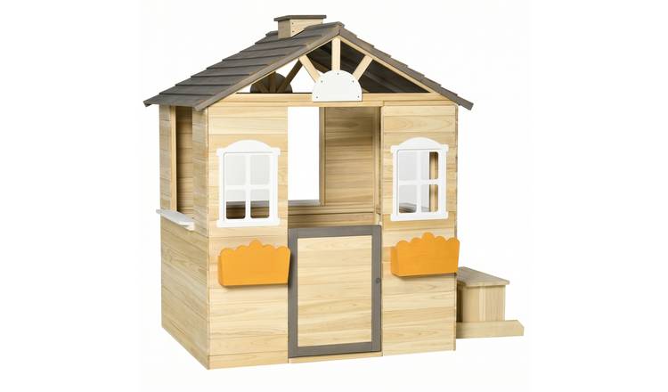 Outsunny Wooden Outdoor Door Windows Bench Flower Box Service Playhouse -Natural