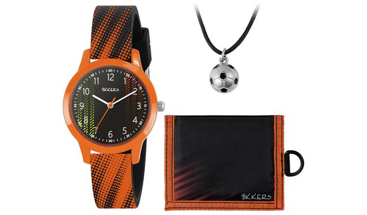 Tikkers Kids Black And Orange Football Watch Gift Set