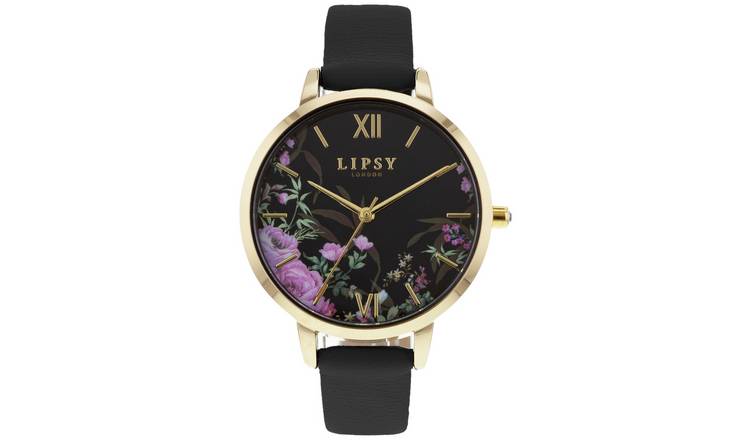 Lipsy Floral Dial Black Leather Strap Watch