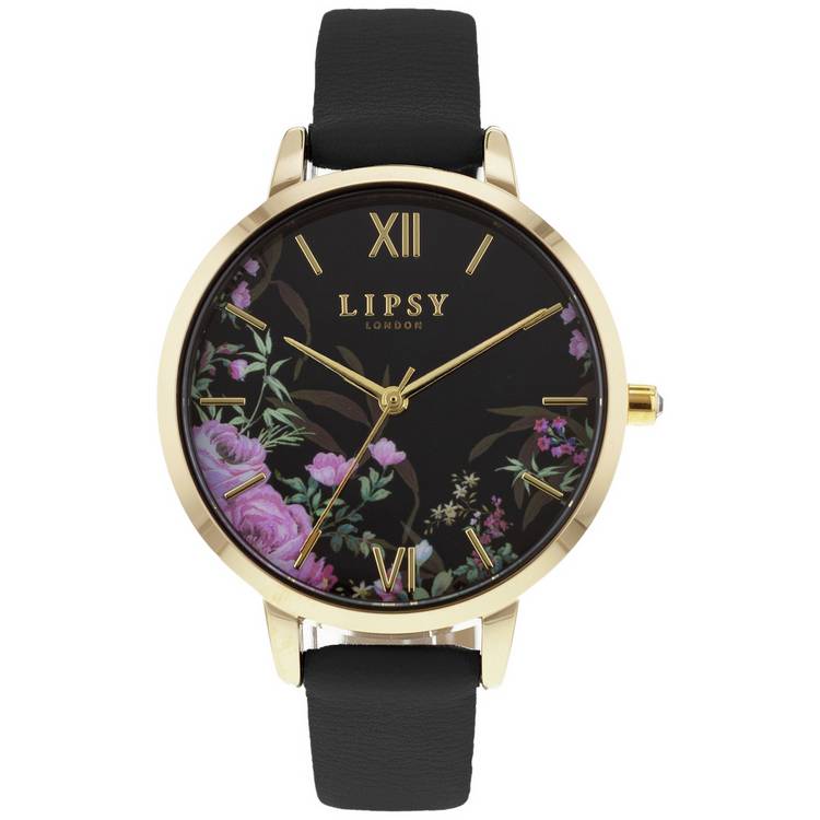 Lipsy Floral Dial Black Leather Strap Watch 0