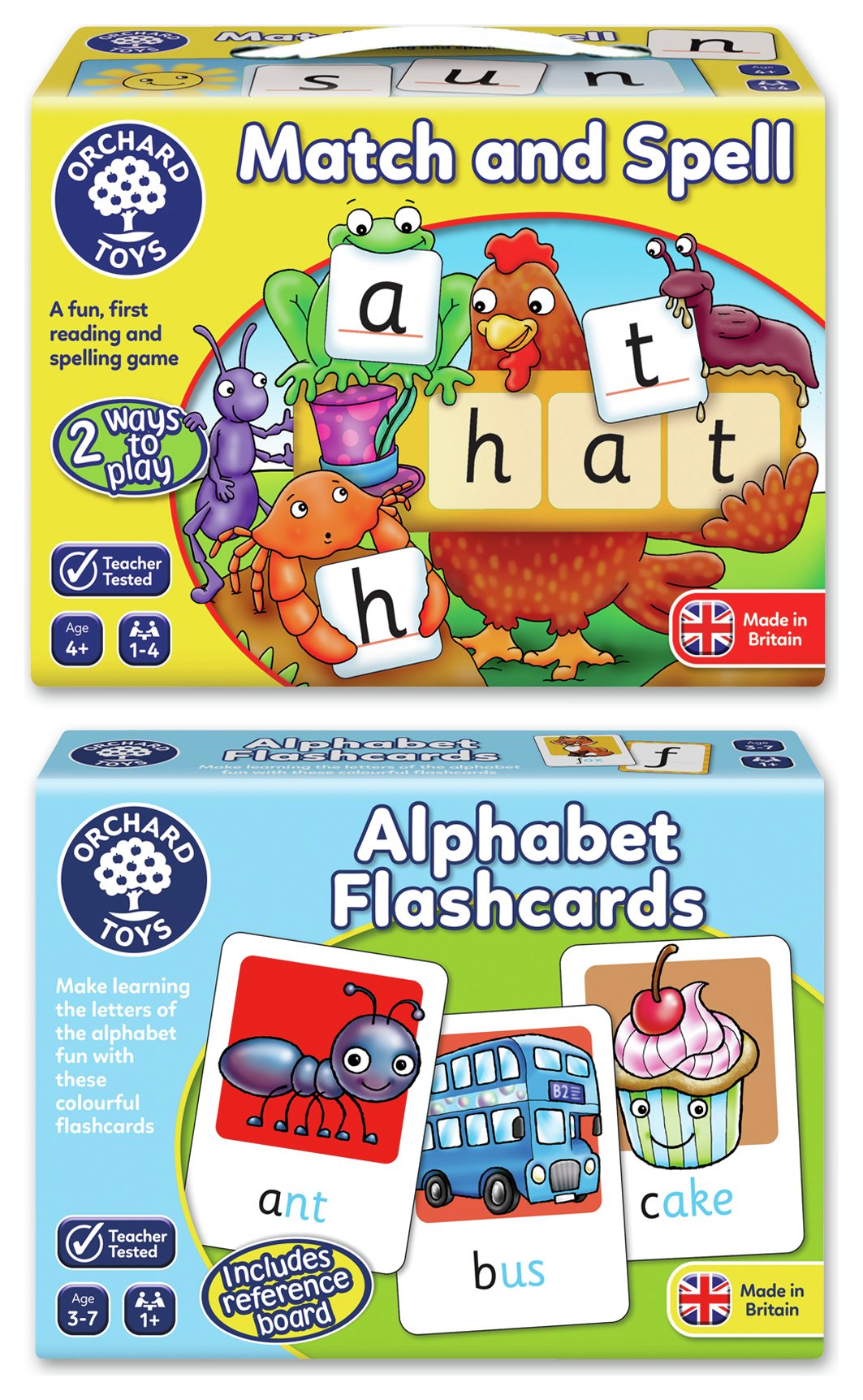 Orchard Toys Match & Spell and Alpha Flashcards Bundle.
