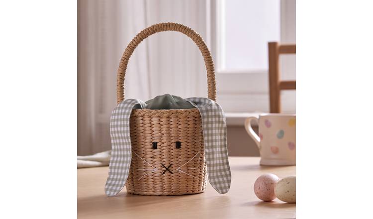 Home Wicker And Fabric Bunny Basket Easter Decoration