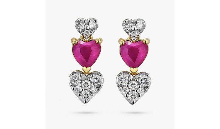 Revere 9ct Yellow Gold Ruby and Diamond Heart Drop Earrings