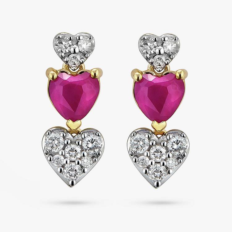 Revere 9ct Yellow Gold Ruby and Diamond Heart Drop Earrings 0