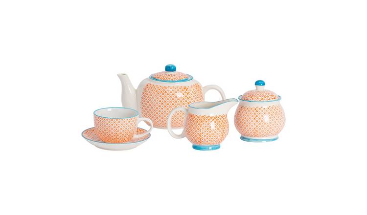 Nicola Spring 15 Piece Hand-Printed Tea Set - Orange