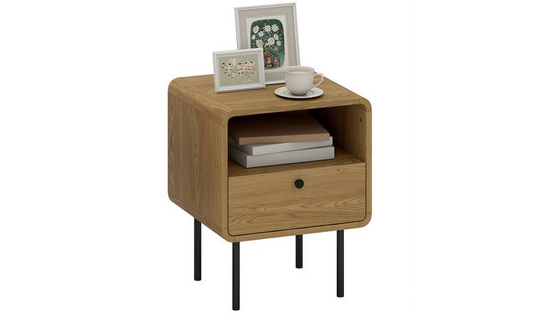 HOMCOM 1 Drawer Bedside Table with Open Compartment and Steel Legs - Oak