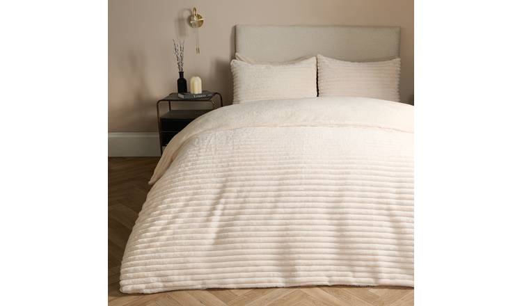 OHS Ribbed Duvet Cover Faux Fur Winter Warm Bedding Set Cream - Super King