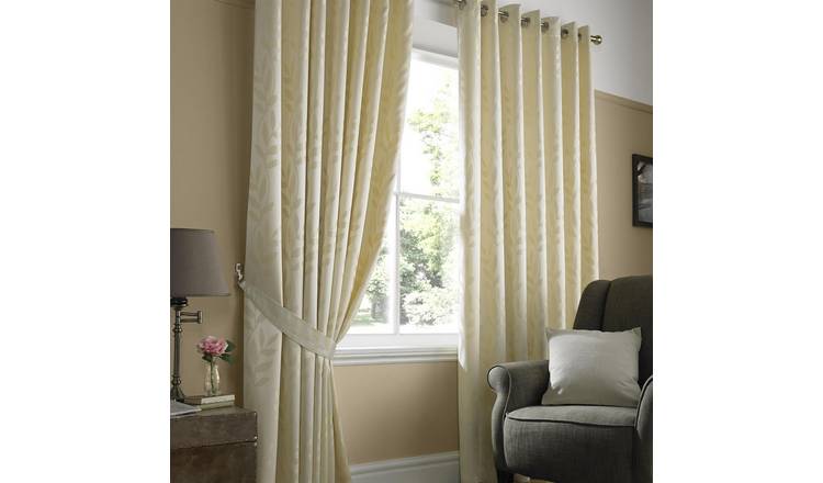 Luxury Living Jacquard Leaf Lined Eyelet Curtains 117cm x 229cm - Cream