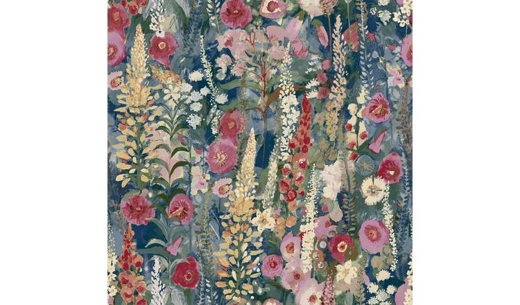 Grandeco Hand painted Delphinium Floral Garden Textured Wallpaper - Navy Blue
