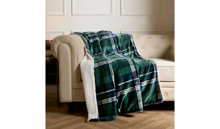 OHS Hudson Flannel Check Fleece Blanket Throw 130 x 160cm - Navy/Green
