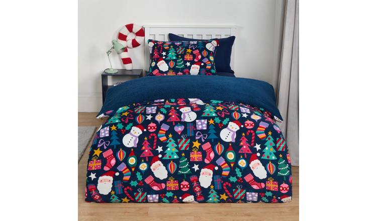 OHS Christmas Duvet Cover Bedding Set Present Teddy Fleece Dark Navy - Single