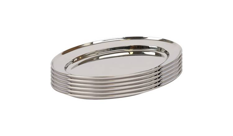 Argon Tableware Oval Stainless Steel Serving Platters - Pack of 6 - 35 x 24cm