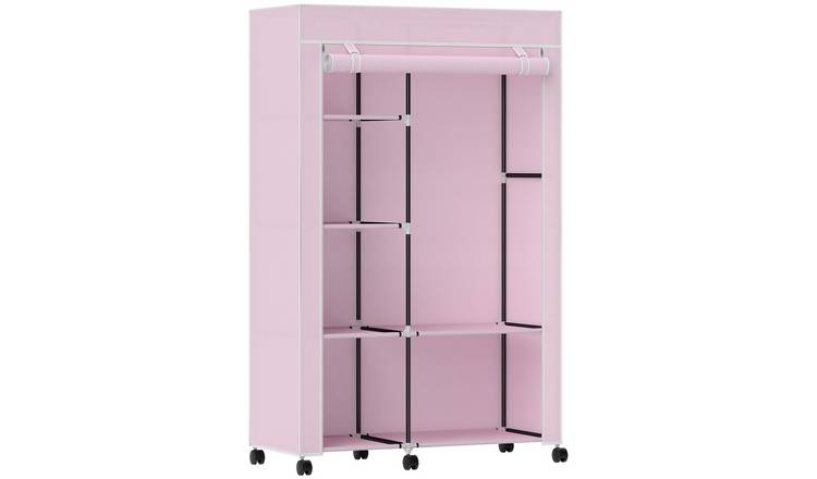 HOMCOM Mobile Fabric Wardrobe with 6 Shelves and Hanging Rail - Pink
