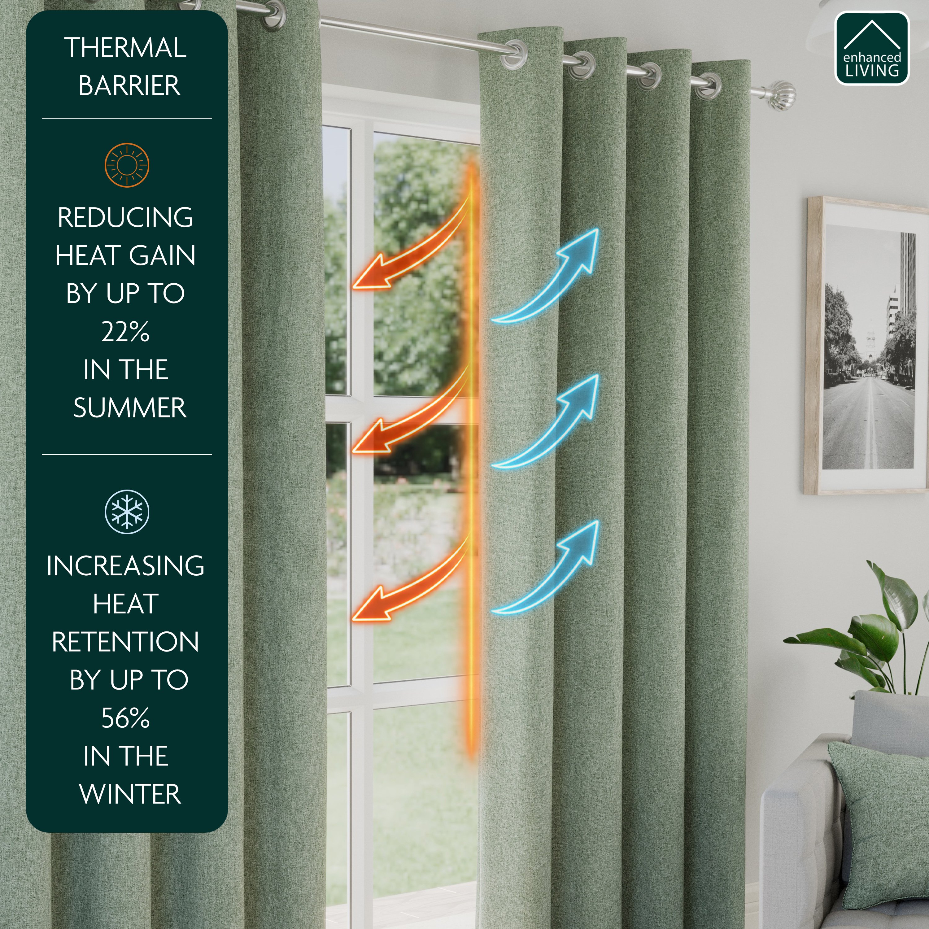 Enhanced Living Austin Eyelet Blackout Thermal Curtains - 117 x 183cm - Green - Image 2