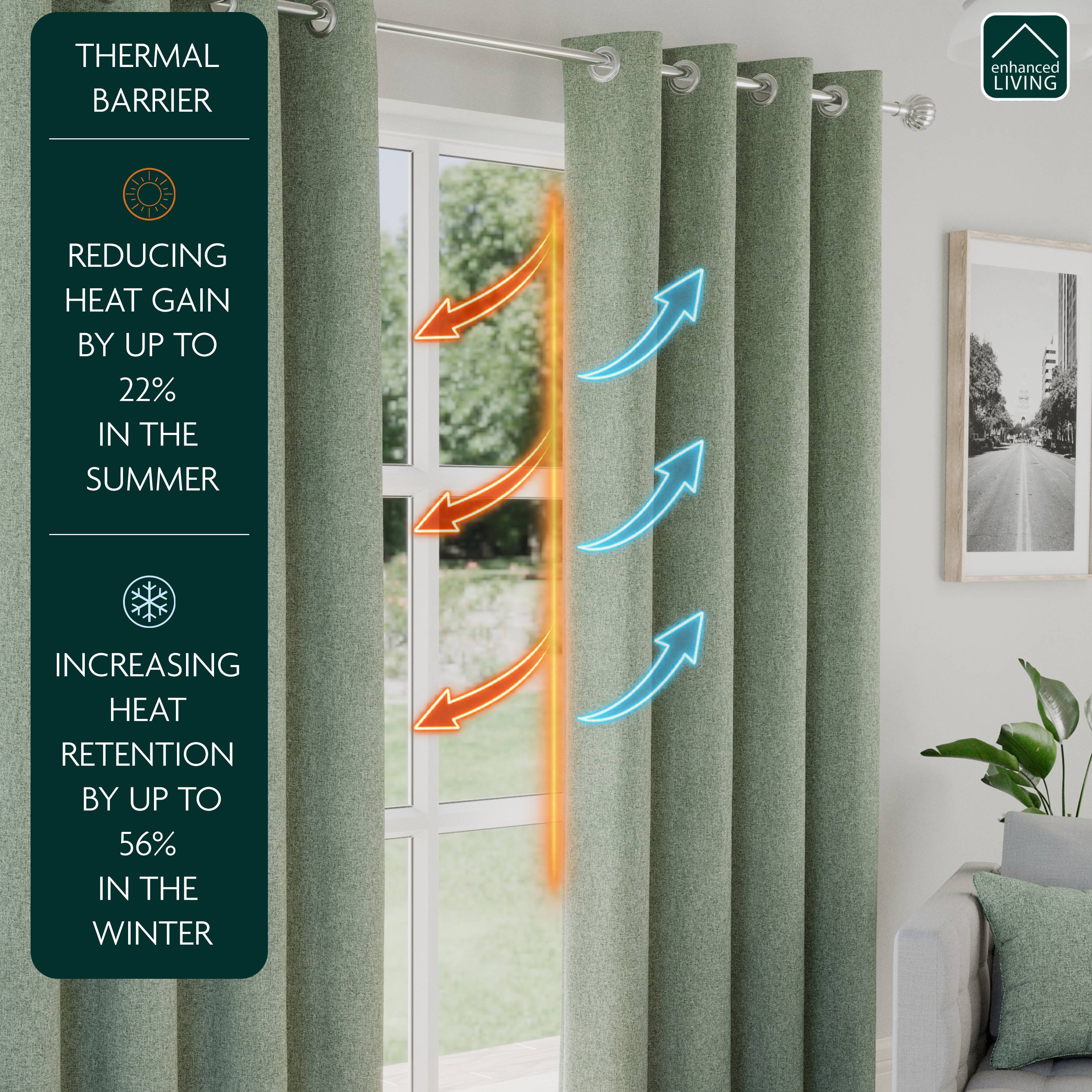 Enhanced Living Austin Eyelet Blackout Thermal Curtains - 117 x 183cm - Green - Image 2