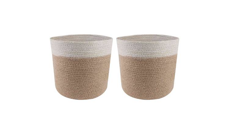 Walplus Pack of 2 Jute Plant Pot - Natural and White - 21 x 21 cm