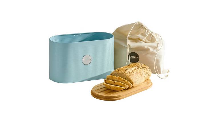 Cooks Professional Bread Bin, Linen Bag and Bamboo Board Set - Blue / Silver