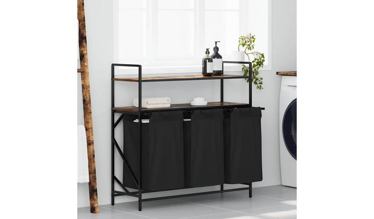 Walplus Laundry Basket 3 Compartment with Shelves - Smoked Oak - 99 x 33 x 97 cm