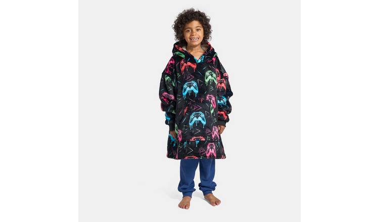 OHS Kids Neon Drip Gaming Print Hoodie Blanket - One Size - Black