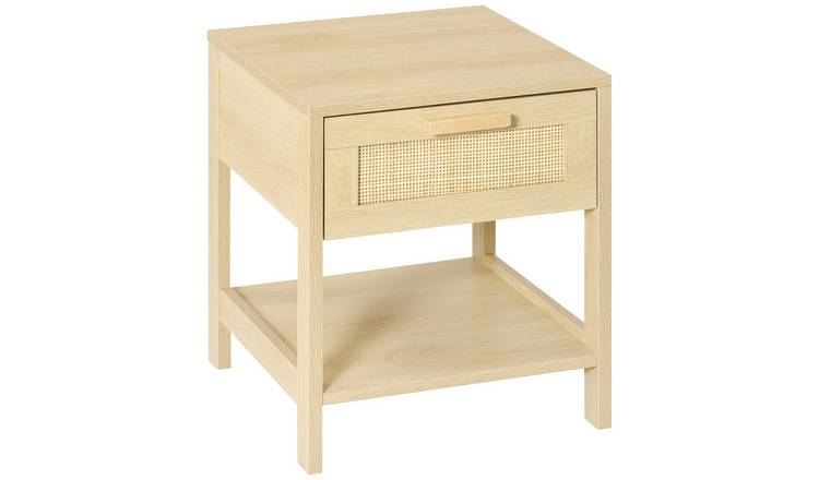HOMCOM Nightstand with Rattan Drawer and Storage Shelf - Natural