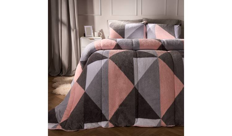 OHS Geo Print Teddy Reversible 10.5 Tog Coverless Duvet Set Blush - King