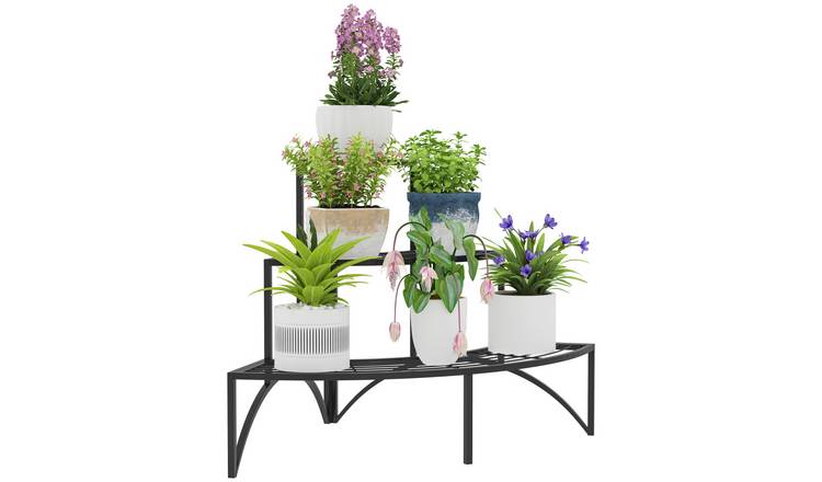 Outsunny 3 Tier Metal Plant Rack Shelf with Drain Holes - Black