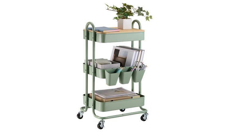 Vonhaus 3 Tier Steel & Bamboo Storage Trolley - Sage Green