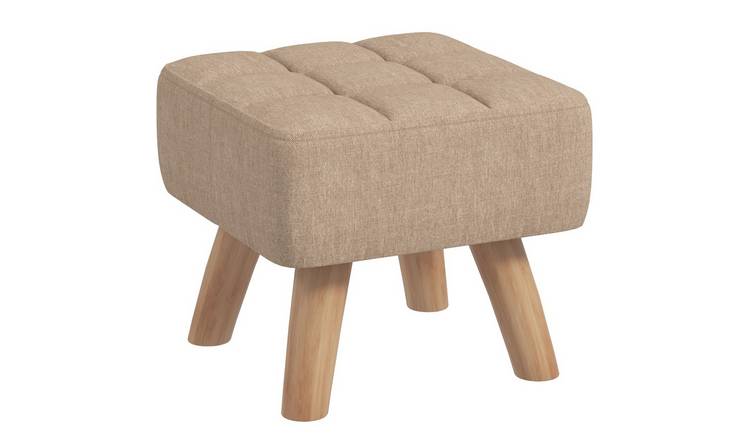 HOMCOM Linen Tufted Footstool with Rubber Wood Legs - Light Brown