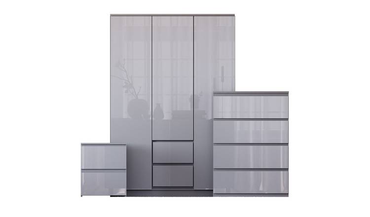 Vida Designs Glinton Bedroom Set (Bedside, 4 Drawer Chest, 3x2 Wardrobe) - Grey