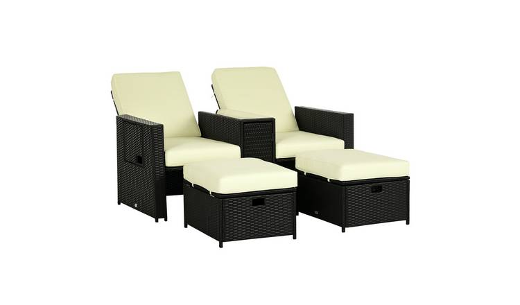 Outsunny 5 Piece PE Rattan Reclining Garden Sun Lounger Adjustable - Black