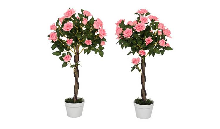 Outsunny Set of 2 Artificial Rose Trees- Pink